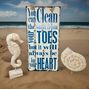 Beach Trio Faux Wood Distressed Sea Shell Sea Horse Ocean Saying White & Blue